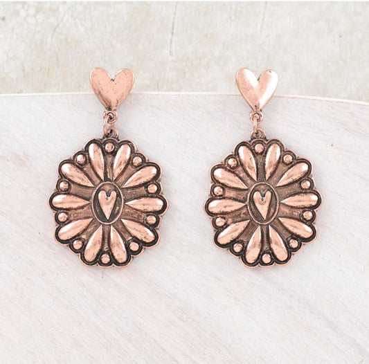 Heart Post Concho Dangle Earrings