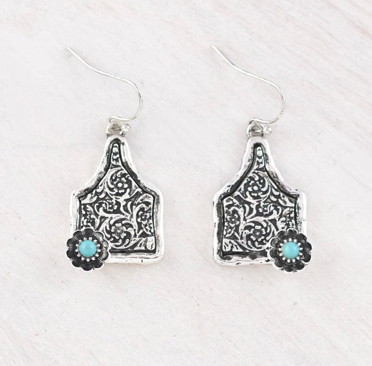 Floral Tooling Cattle Tag Earrings