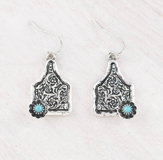 Floral Tooling Cattle Tag Earrings