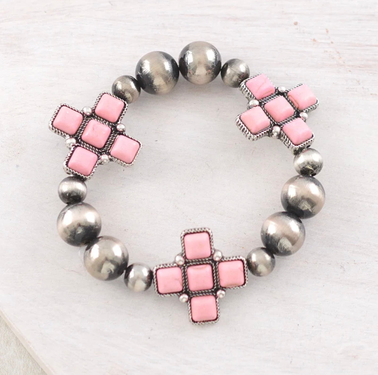 Cross Semi Stone & Barrel Navajo Bead Bracelet Set