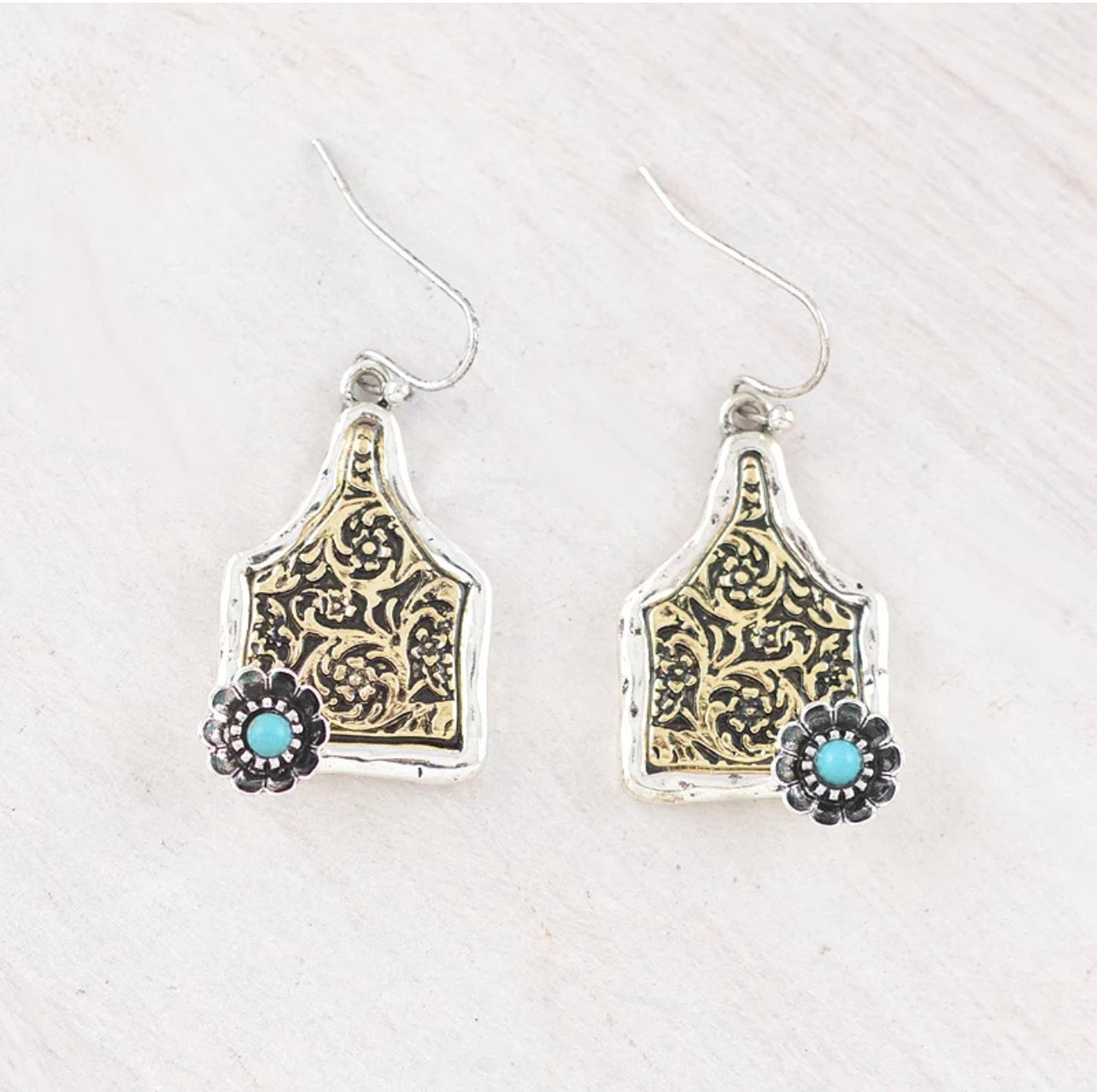 Floral Tooling Cattle Tag Earrings