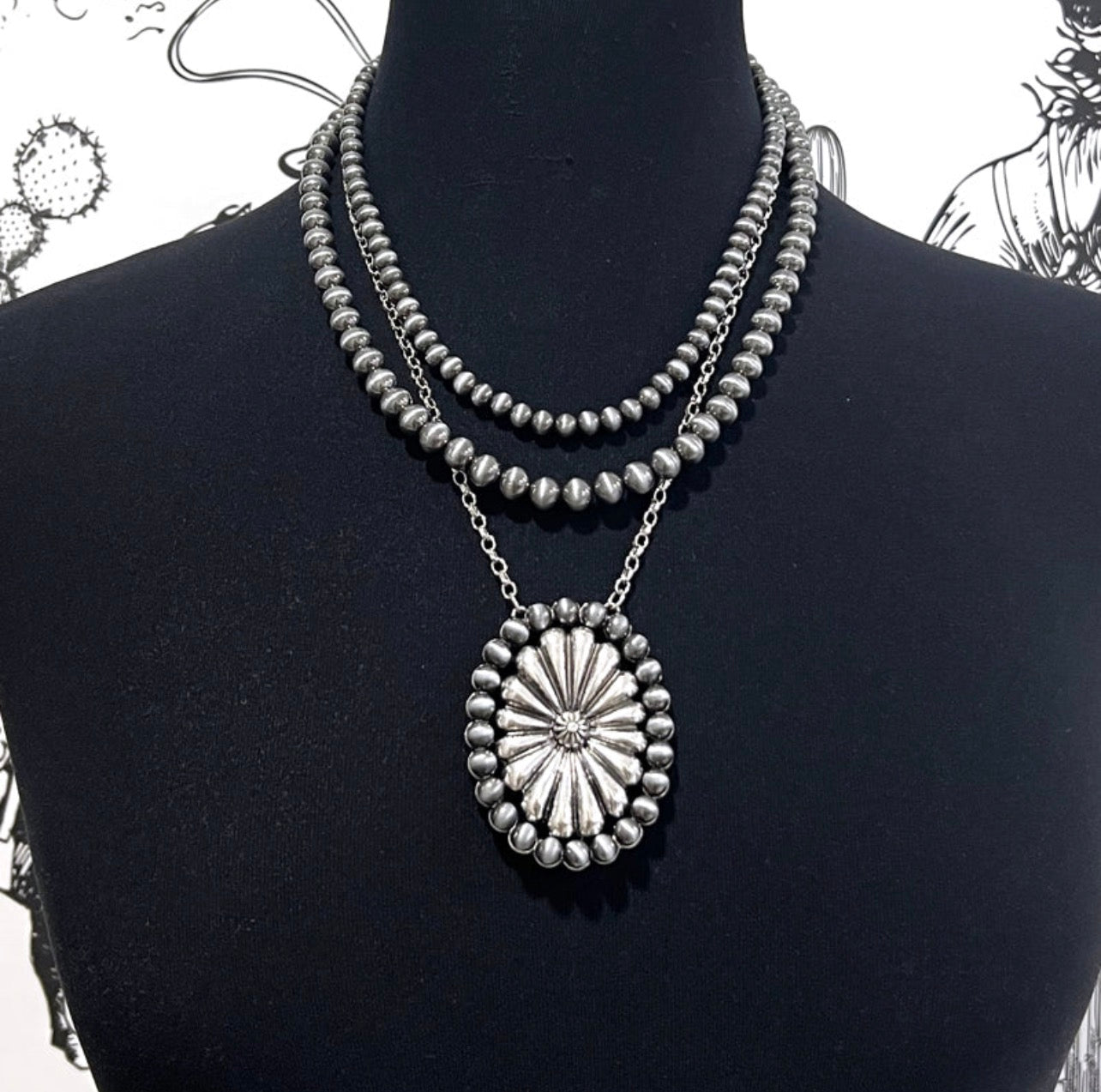 Navajo Pearl Bead Concho Layered Necklace