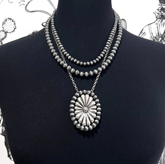 Navajo Pearl Bead Concho Layered Necklace