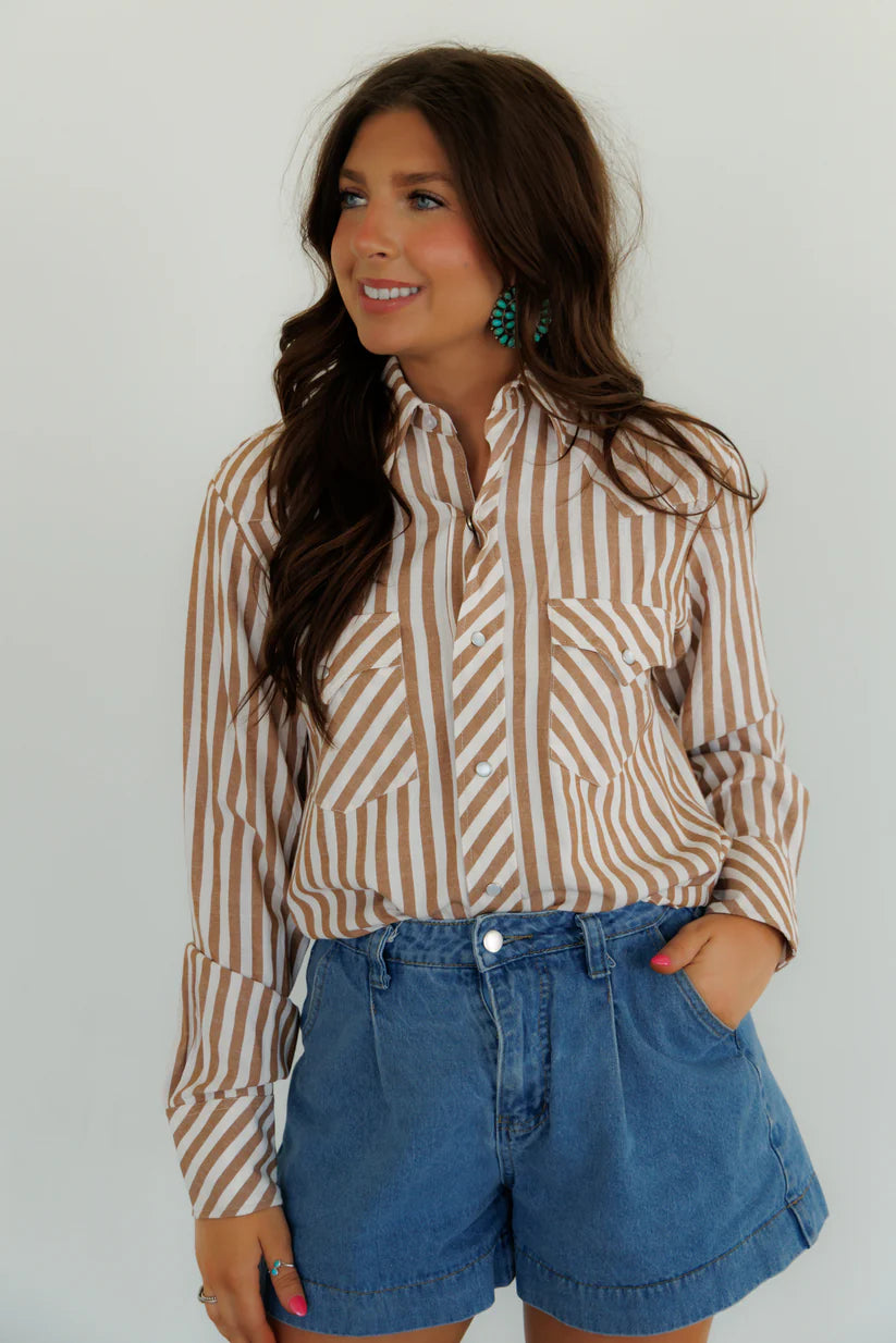 Brown Stripe Pearl Snap