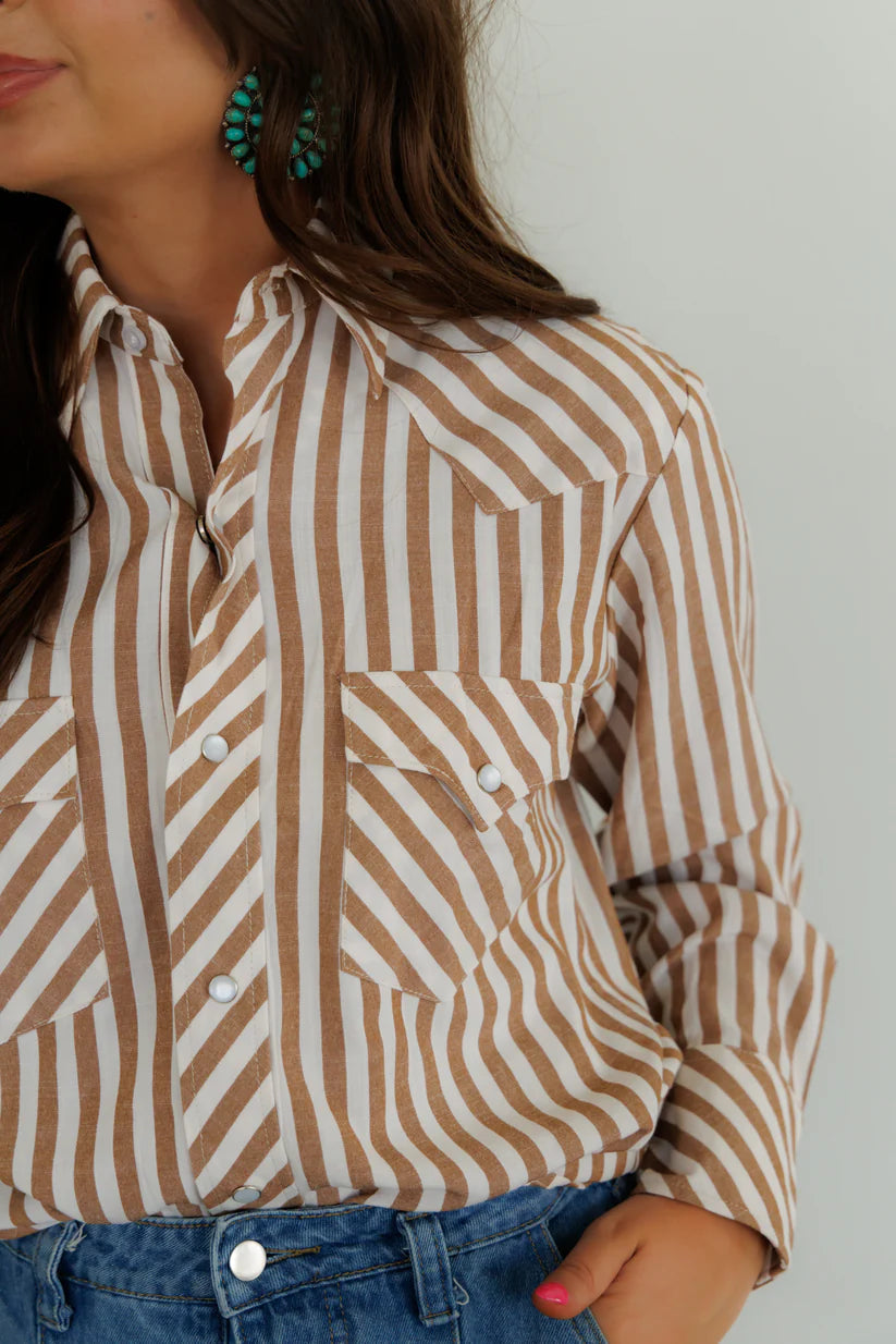Brown Stripe Pearl Snap