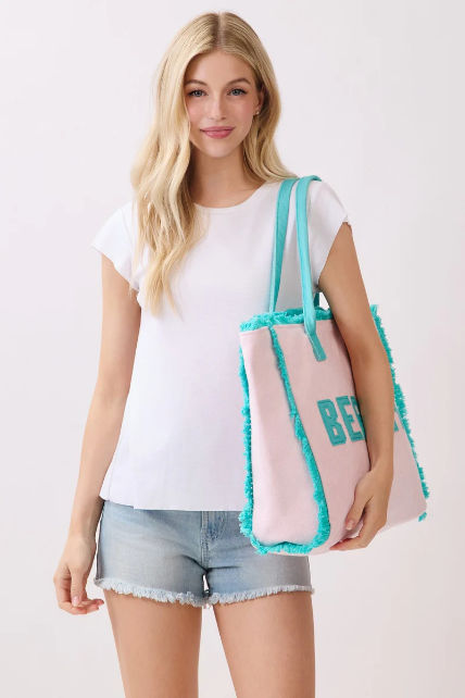 EMBROIDERED BEACH LETTER TERRY CLOTH TOTE BAG