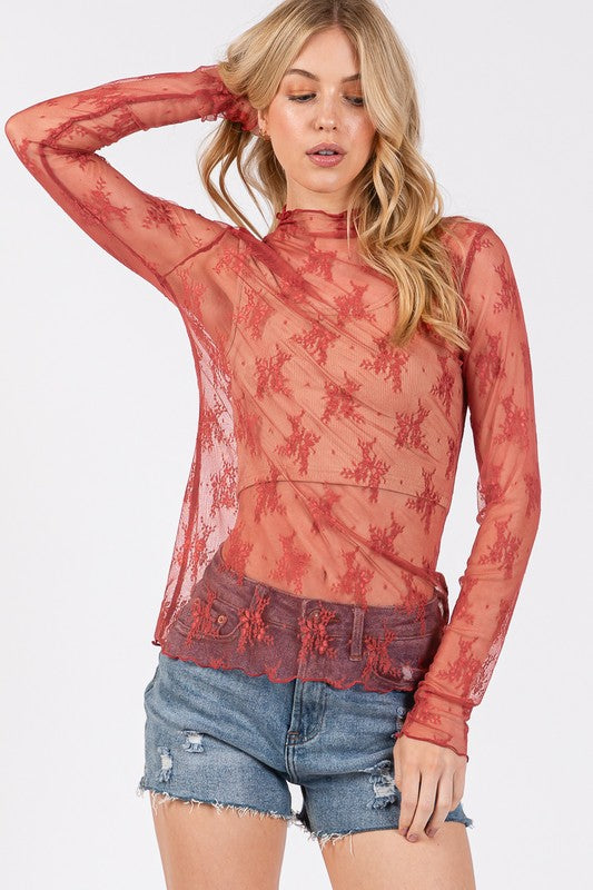 Long Sleeve Floral Lace Top *Rust