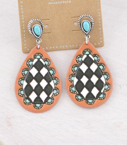 Checkered Teardrop Leather Earrings