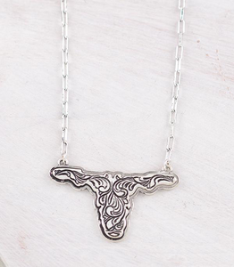 Tooled Look Cow Skull Necklace