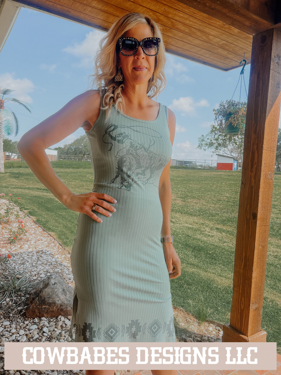 A Lil More Western Midi Dress-Aztec Bucker – Cowbabes Designs