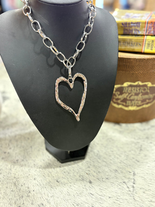 Statement Hammered Open Heart Necklace *Silver