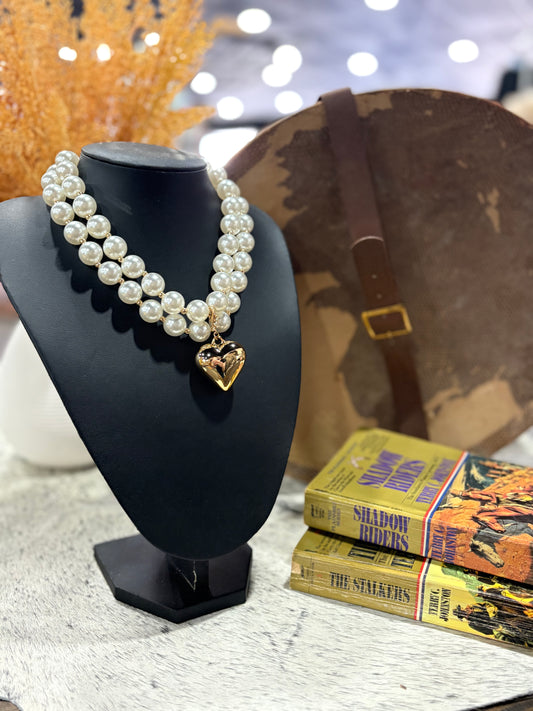 Layered Pearl Beaded Heart Necklace