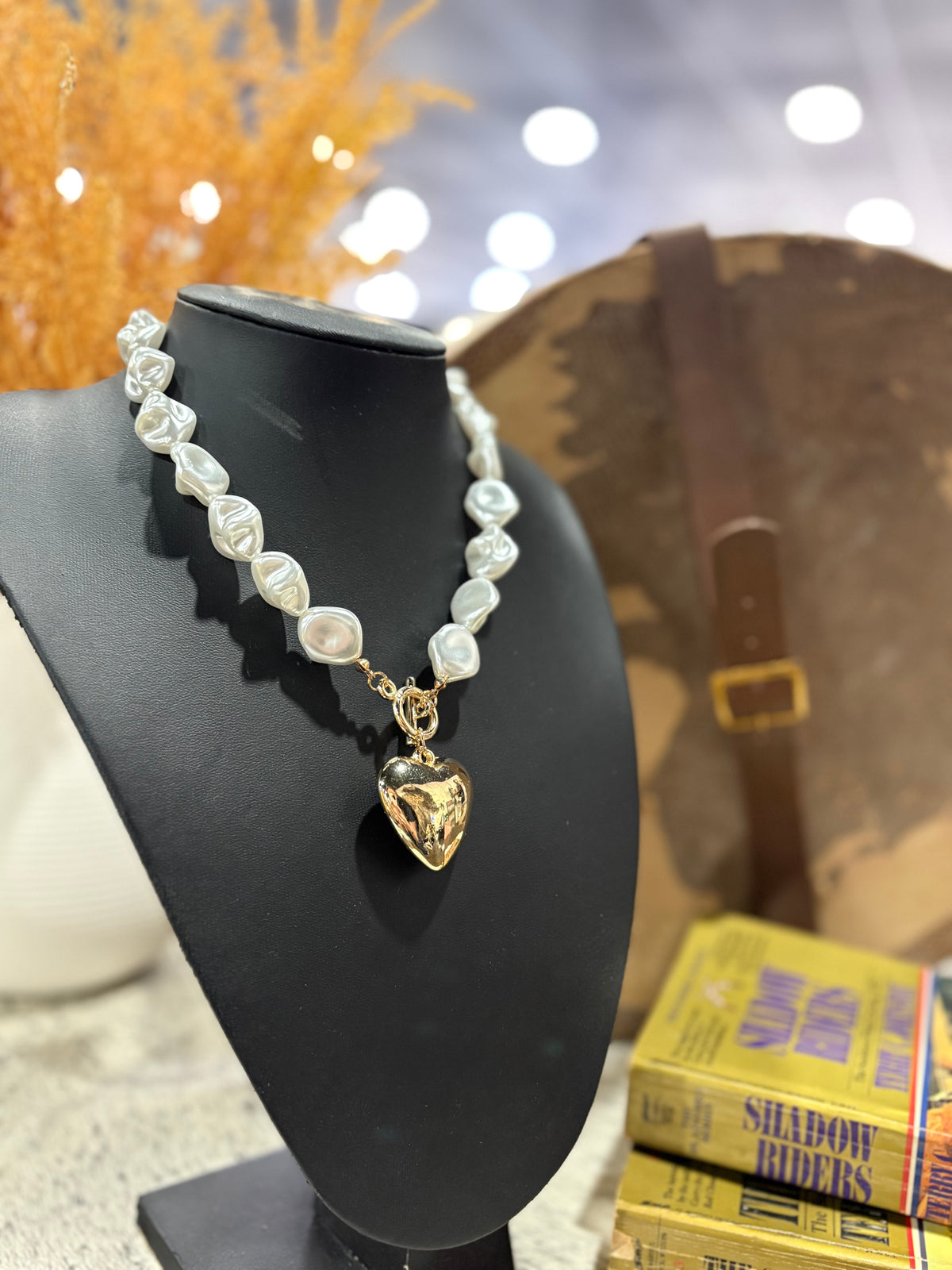 Pearl Beaded Heart Charm Toggle Necklace