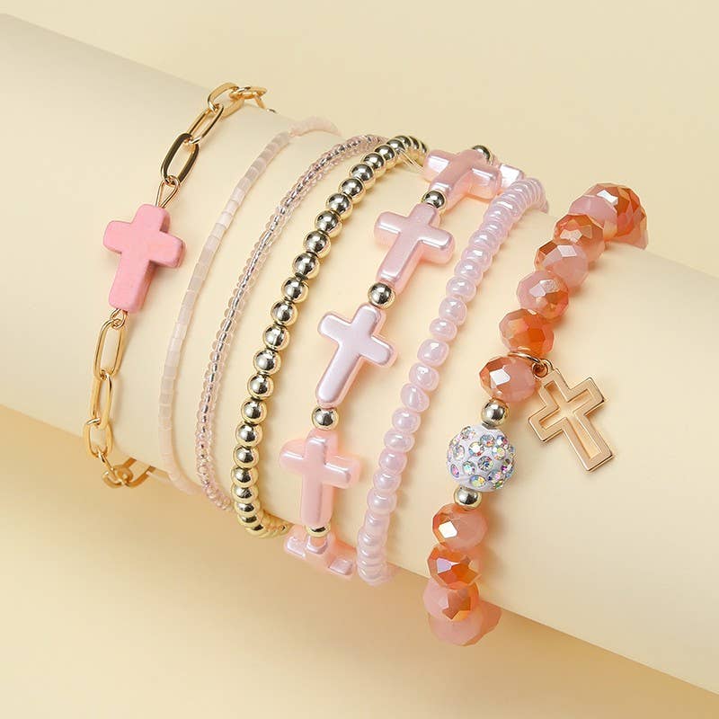 Cross Charm Mixed Beaded Bracelet Set * PINK
