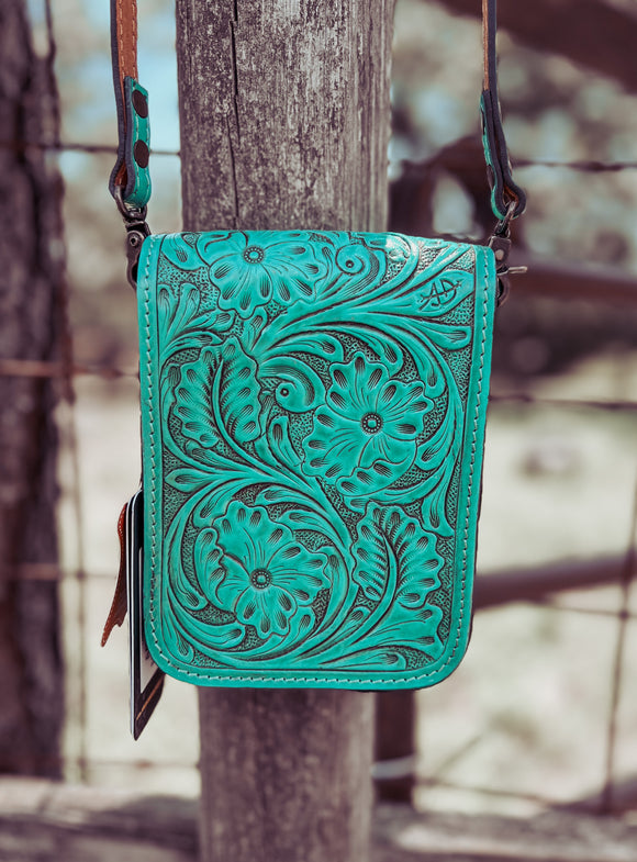 Tooled Turquoise Phone Wallet Crossbody