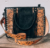 Conceal Carry Black Floral Tooled Leather Handbag