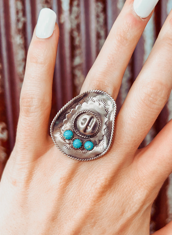 Navajo Sterling Silver & Turquoise Cowboy Hat Ring Size 5.5