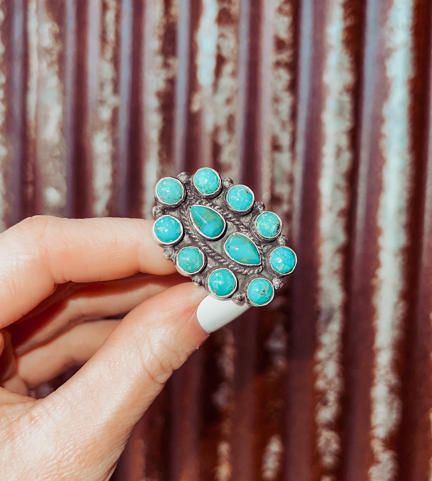 Navajo Sterling Silver And Turquoise Beautiful Adjustable Cluster Ring