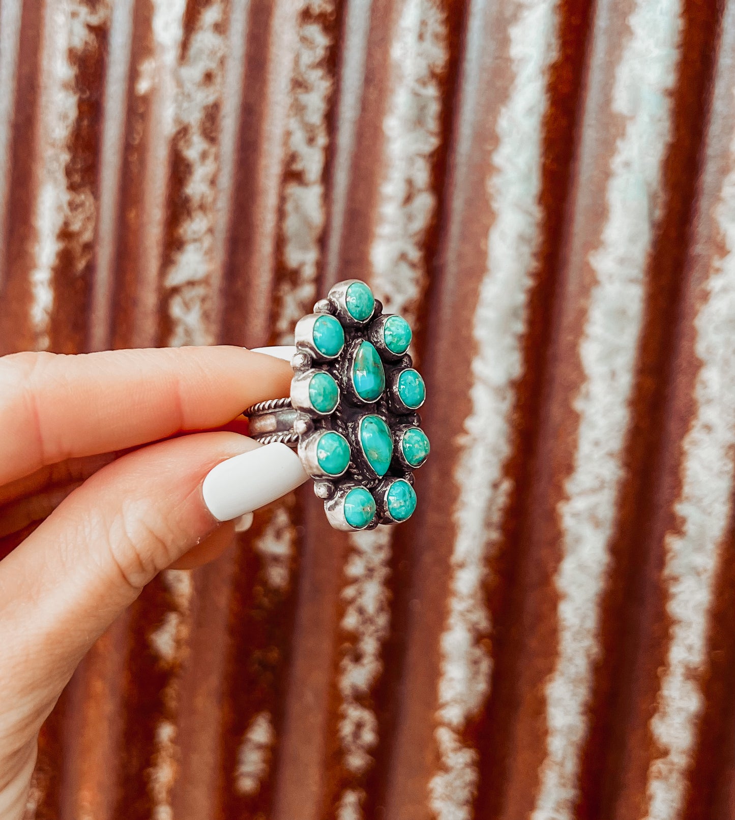 Navajo Sterling Silver And Turquoise Beautiful Adjustable Cluster Ring