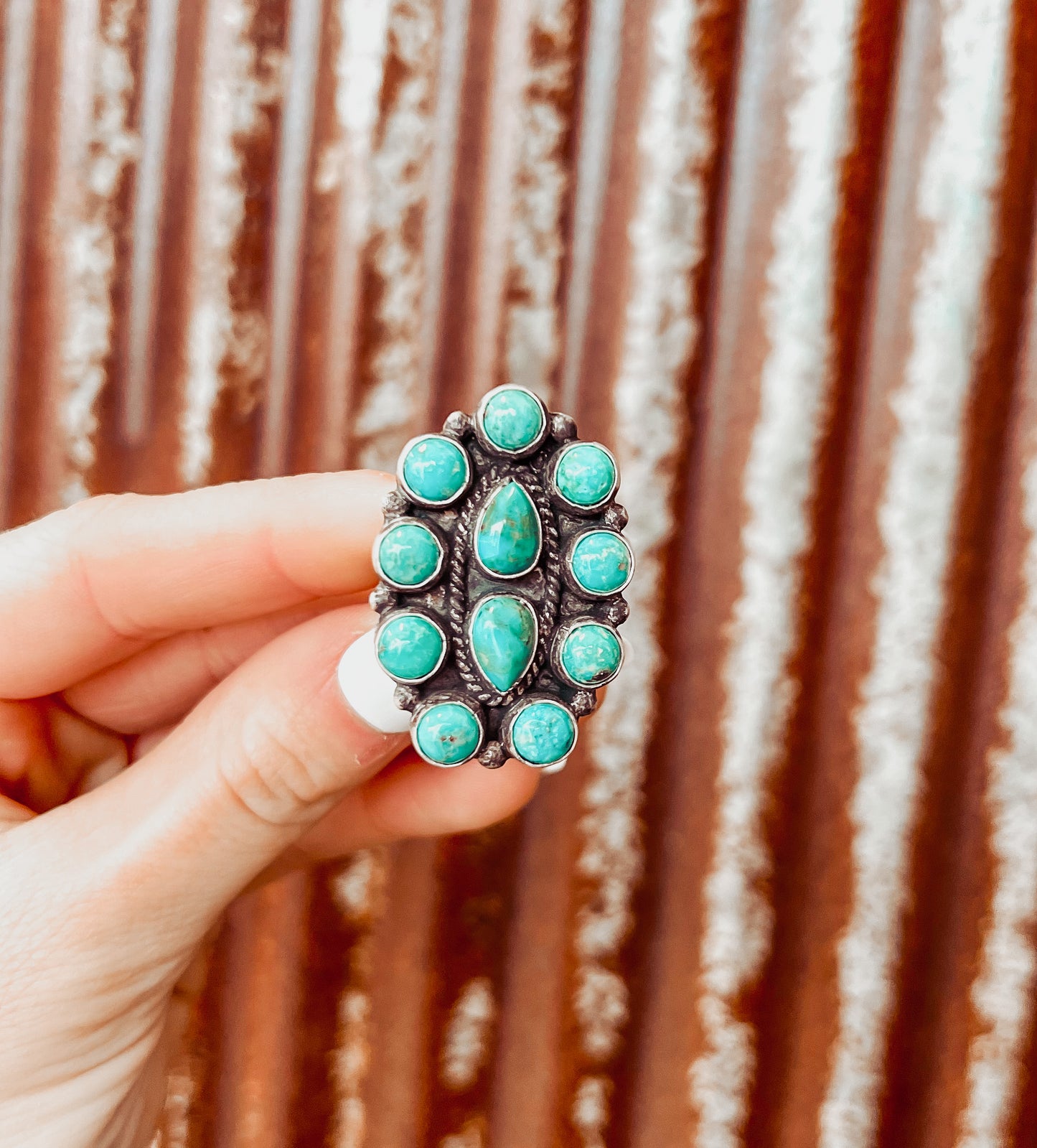 Navajo Sterling Silver And Turquoise Beautiful Adjustable Cluster Ring